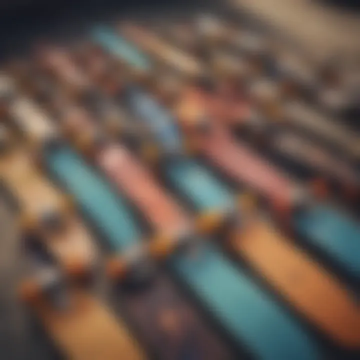 A vibrant penny skateboard in various colors displayed for sale.