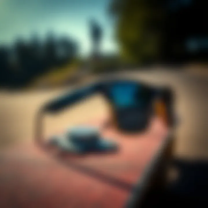 Pit Viper Sunglasses on Skateboard Close-up view of Pit Viper sunglasses on a skateboard