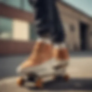 A sneaker on a skateboard, demonstrating the functionality of the Puma Defy Varsity Mid.