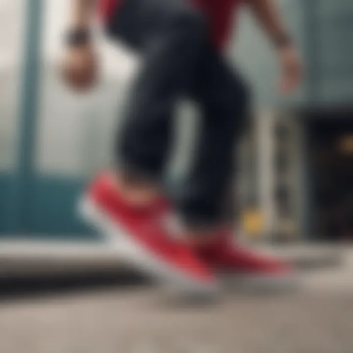 Skater wearing red suede Vans slip-ons while performing a trick