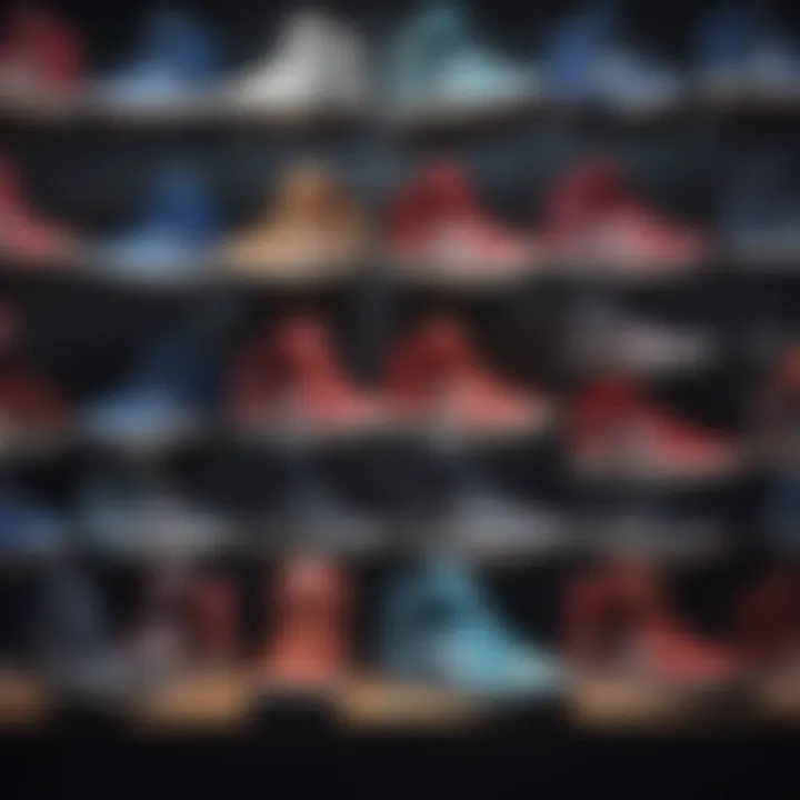 A stylish display of various colorways and styles of Reebok high-top shoes.