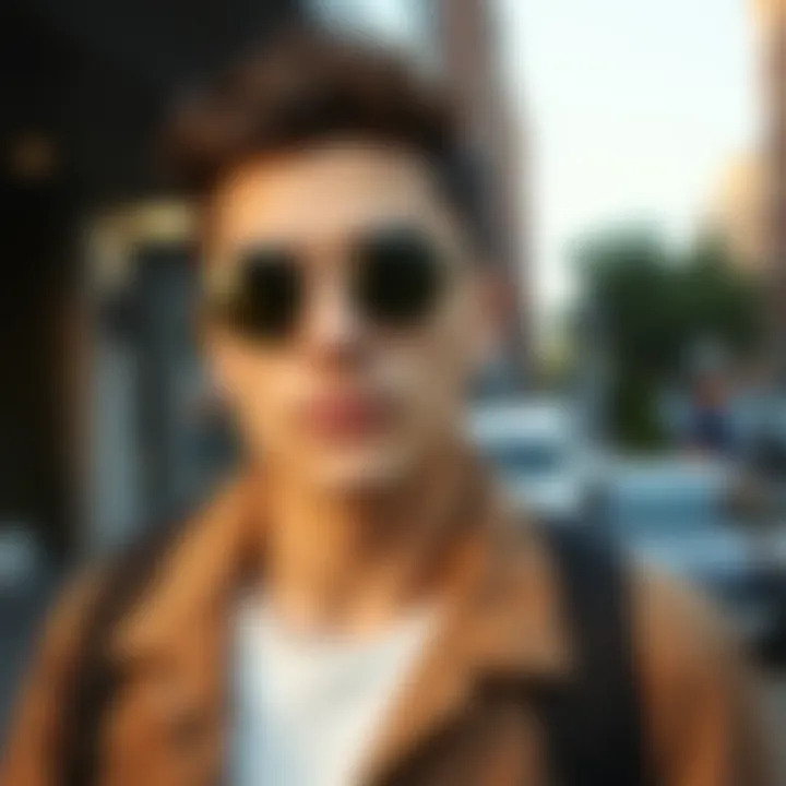 A stylish individual wearing round Ray-Ban sunglasses in an urban setting.