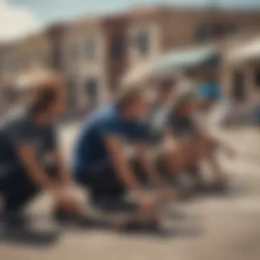 A group of skateboarders wearing Sendero hats, illustrating the hats' influence on skateboarding culture.