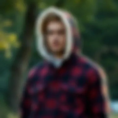 Model wearing sherpa lined hooded flannel in a natural outdoor setting