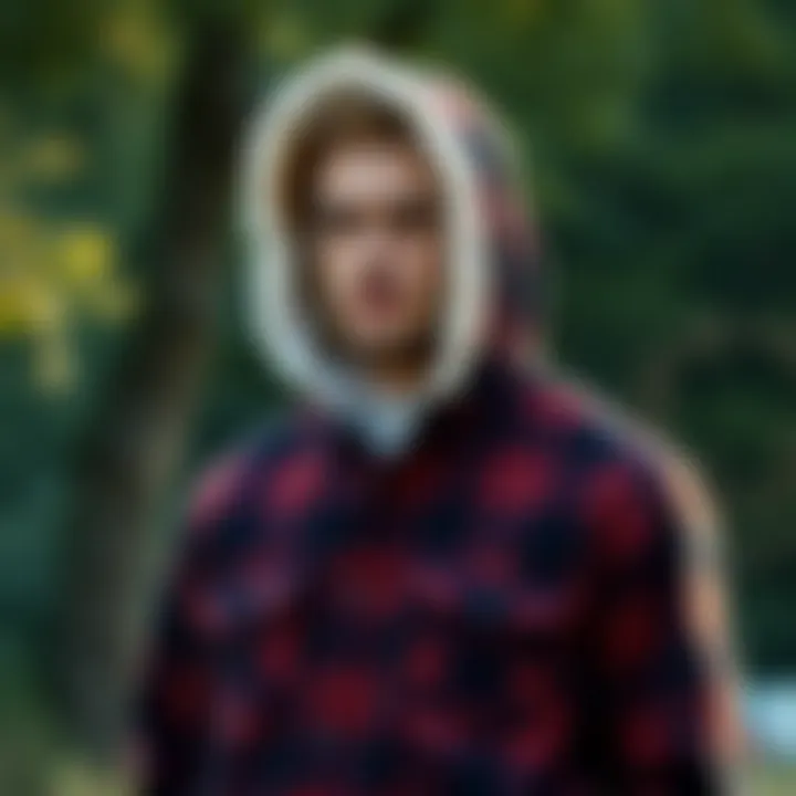 Model wearing sherpa lined hooded flannel in a natural outdoor setting