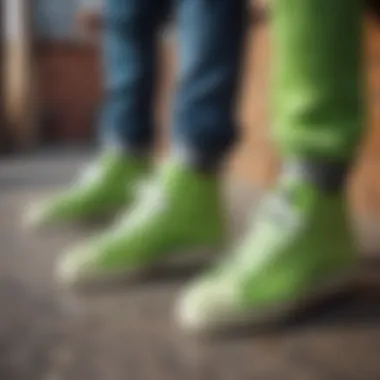 Group of skateboarders discussing fashion trends related to lime green Adidas shell toes