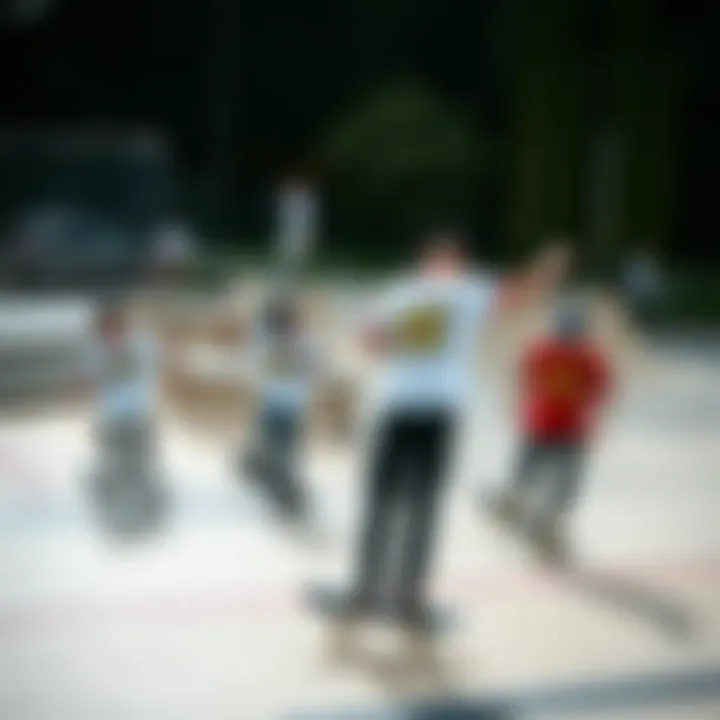 Skateboarders in Action A group of skateboarders wearing Santa Cruz jerseys while performing tricks at a skate park