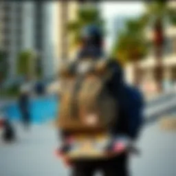 Stylish skateboard laptop backpack against a city skate park backdrop