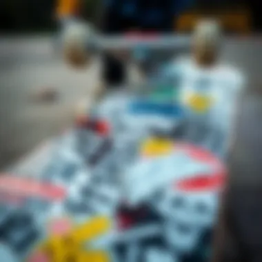 Personal Expression on Skateboard Close-up of a skateboard adorned with off white stickers, highlighting personal expression