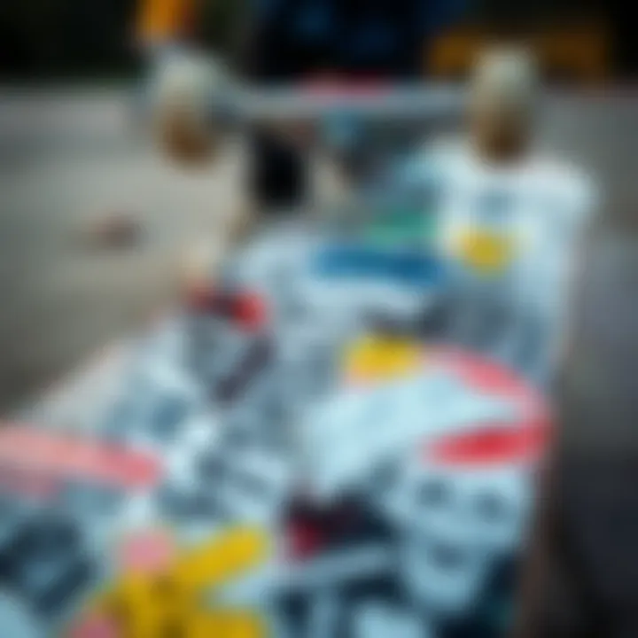 Personal Expression on Skateboard Close-up of a skateboard adorned with off white stickers, highlighting personal expression