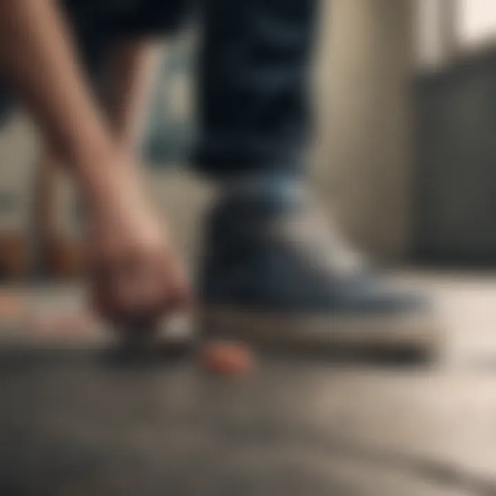 Skateboarder inspecting and cleaning their champion non-slip shoes