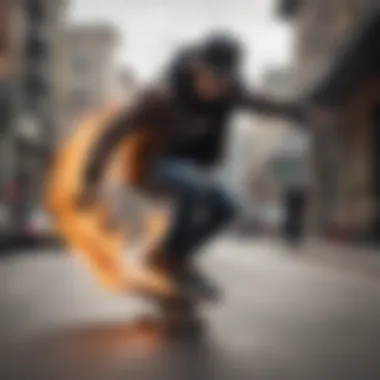 A skateboarder performing tricks in flame-themed shoes