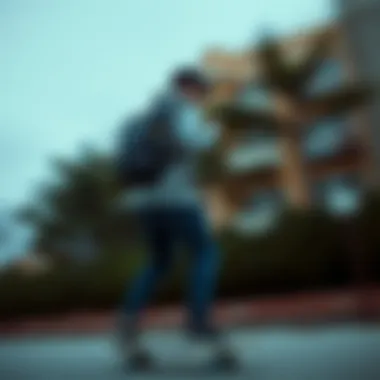 Skateboarder with Laptop Backpack in Motion Skateboarder using a laptop backpack while riding