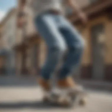 Skateboarder wearing light washed baggy jeans performing a trick