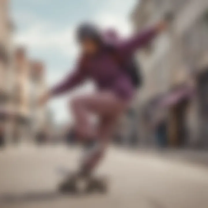 Skateboarder wearing a mauve backpack while performing a trick