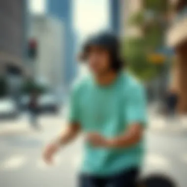 Skateboarder in Mint Green Tee Skateboarder wearing a mint green tee shirt on the street