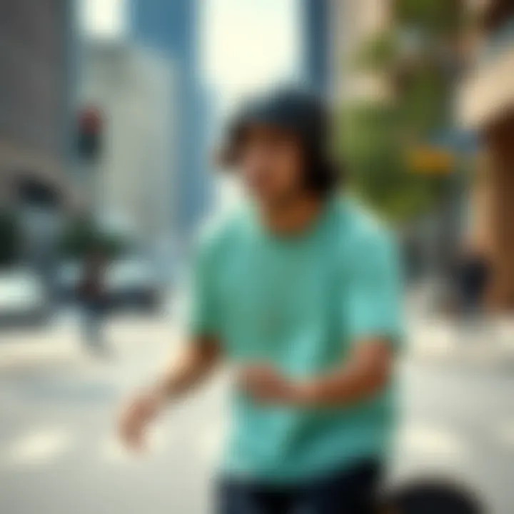 Skateboarder in Mint Green Tee Skateboarder wearing a mint green tee shirt on the street