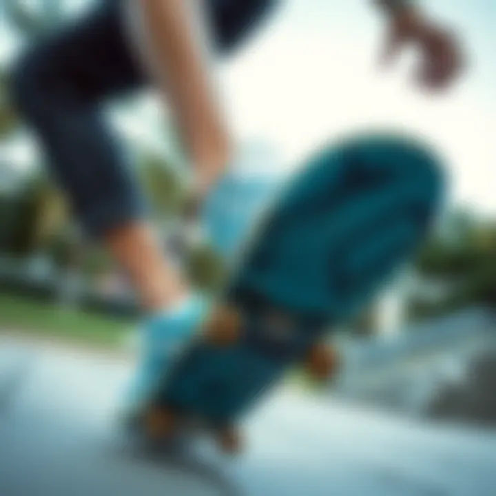 A skateboarder performing a trick wearing cool blue Vans