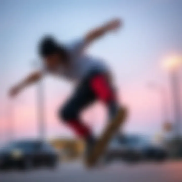 Skateboarding in EPTM Pants A skateboarder performing tricks while wearing EPTM pants