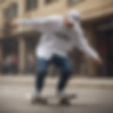 A skateboarder performing a trick while wearing an oversized Adidas shirt.