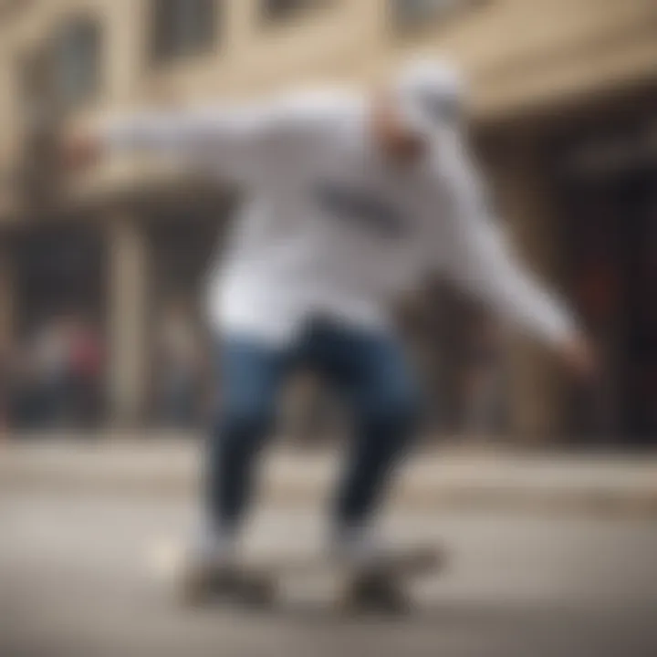 A skateboarder performing a trick while wearing an oversized Adidas shirt.