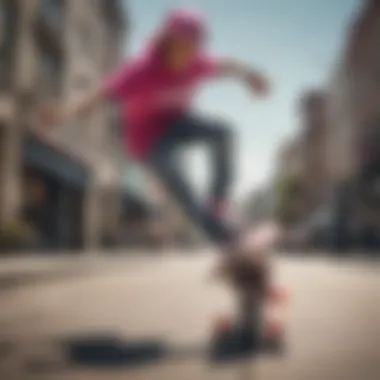 Skateboarder performing a trick using Pink Spitfire Wheels in an urban setting