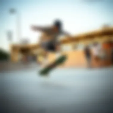 Skateboarding in Action A skateboarder executing a trick at a skate park, surrounded by onlookers
