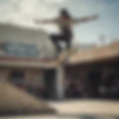 A skateboarder performing tricks near a garage skateshop