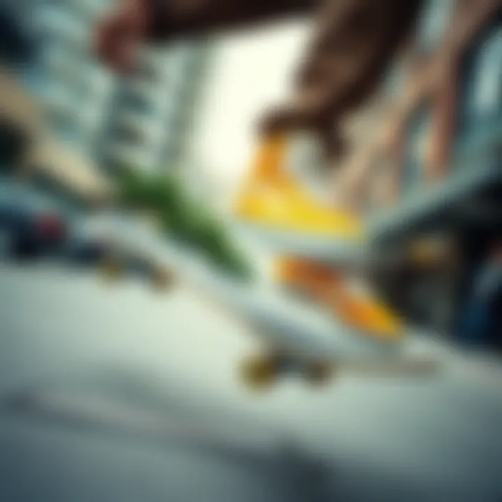 Skateboarding in Style Skateboarder performing tricks wearing Tilly's yellow Vans in an urban setting