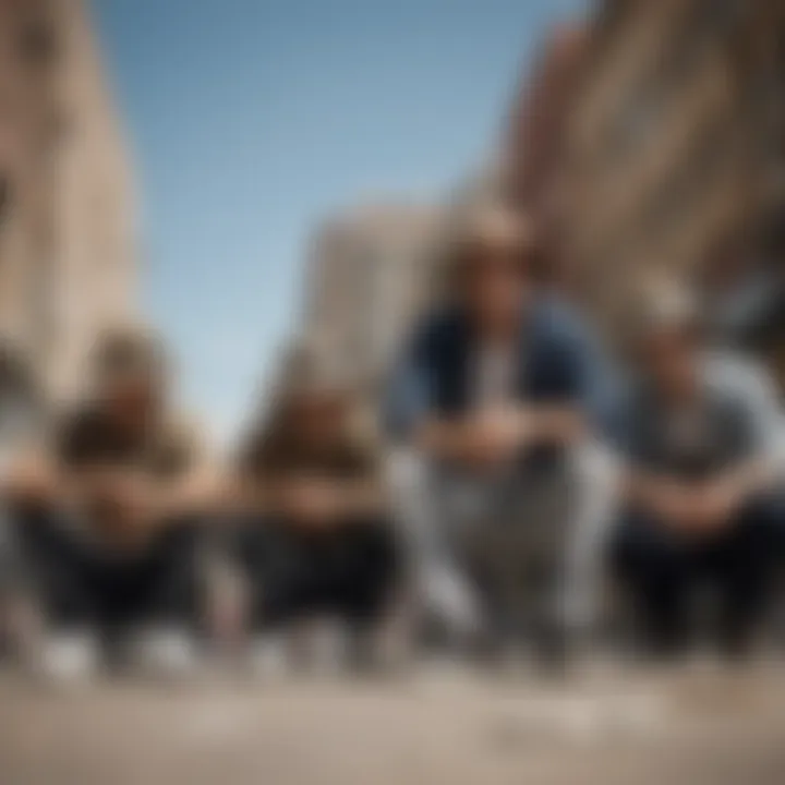 A group of skateboarders wearing big head boonie hats in an urban setting