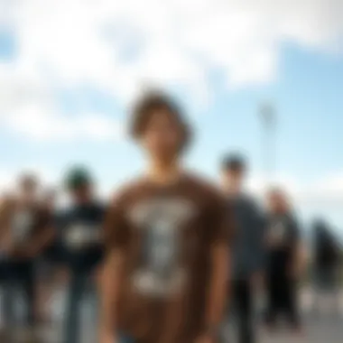 Diverse Styles in Skateboarding A group of skateboarders wearing dark brown graphic tees, showcasing their unique styles