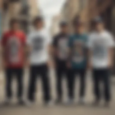 A group of skateboarders displaying their backpatches.