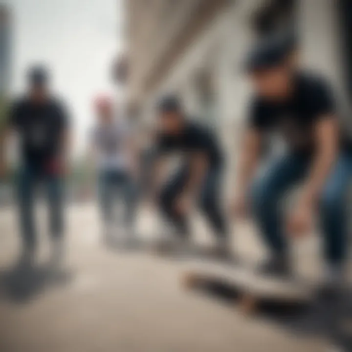 A group of skateboarders wearing various snapbacks in an urban setting