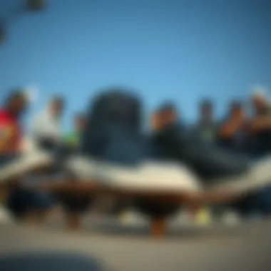 Community Connection: Black Nike High Tops in Skateboarding Group of skateboarders gathered, displaying their black Nike high tops