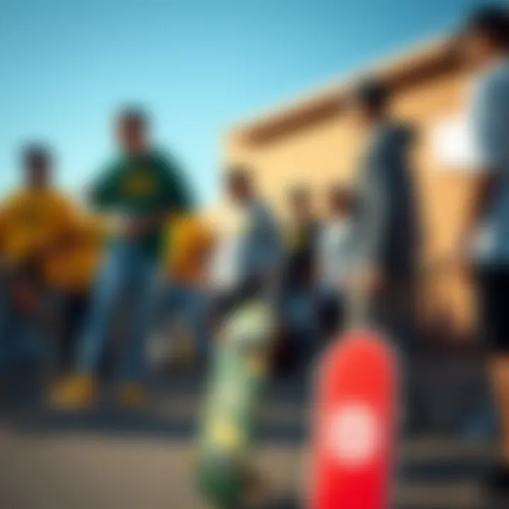 Community of Skateboarders A group of skateboarders gathered, all sporting Tilly's yellow Vans, reflecting community spirit