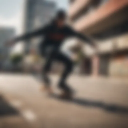 Skateboarder showcasing gear in a vibrant urban setting