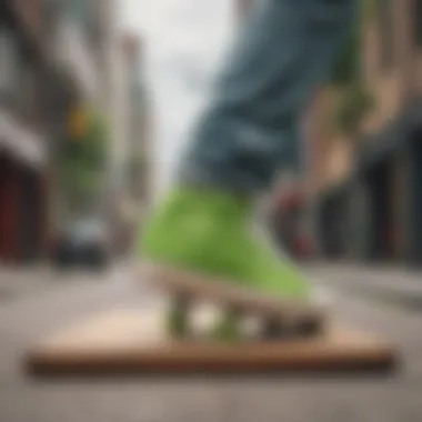 Skateboarder performing a trick while wearing lime green Adidas shell toes