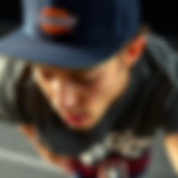 Close-up of a skater wearing a Dickies hat while performing a trick