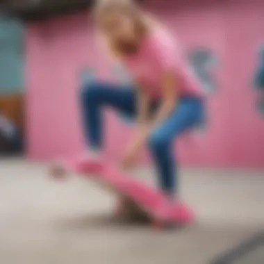 Skateboarding in Style with Hot Pink Slip-On Vans A skater performing tricks while wearing hot pink slip-on Vans in an urban skatepark.