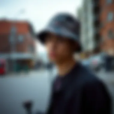 Skater in Urban Environment with XXL Bucket Hat A skater wearing an XXL bucket hat in an urban setting