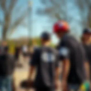 Community Identity at Skate Park A vibrant skate park scene with skaters displaying off white stickers on their gear