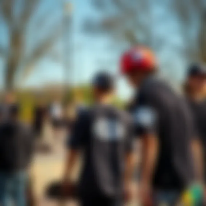 Community Identity at Skate Park A vibrant skate park scene with skaters displaying off white stickers on their gear