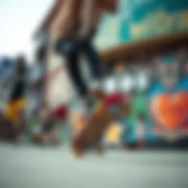 Cultural Impact of Colorful Skates in Urban Skating Skaters performing tricks in a vibrant urban setting, showcasing cultural impact