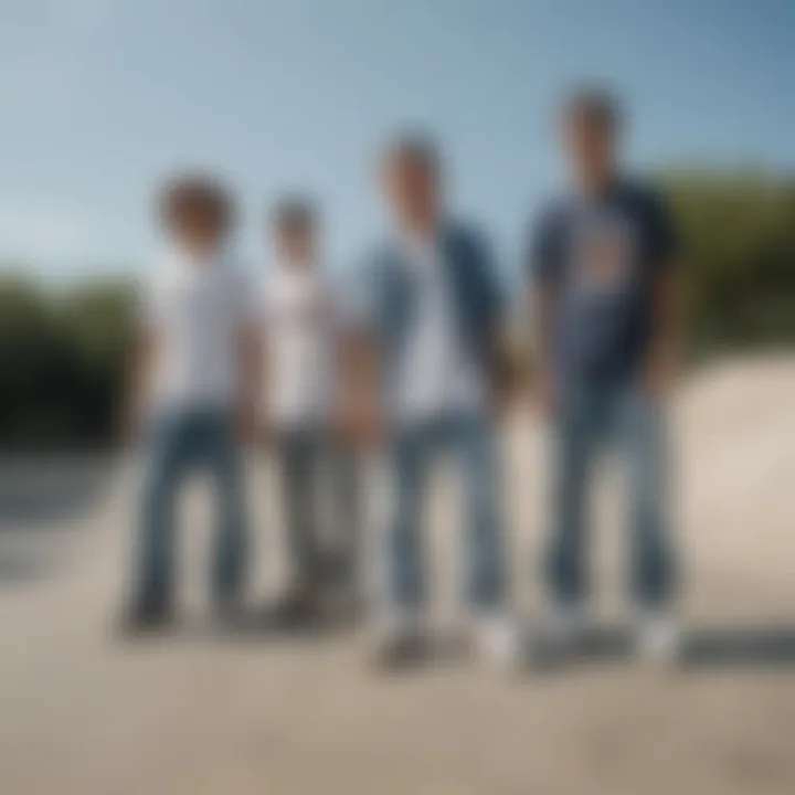 Group of skaters wearing light washed baggy jeans in a skate park