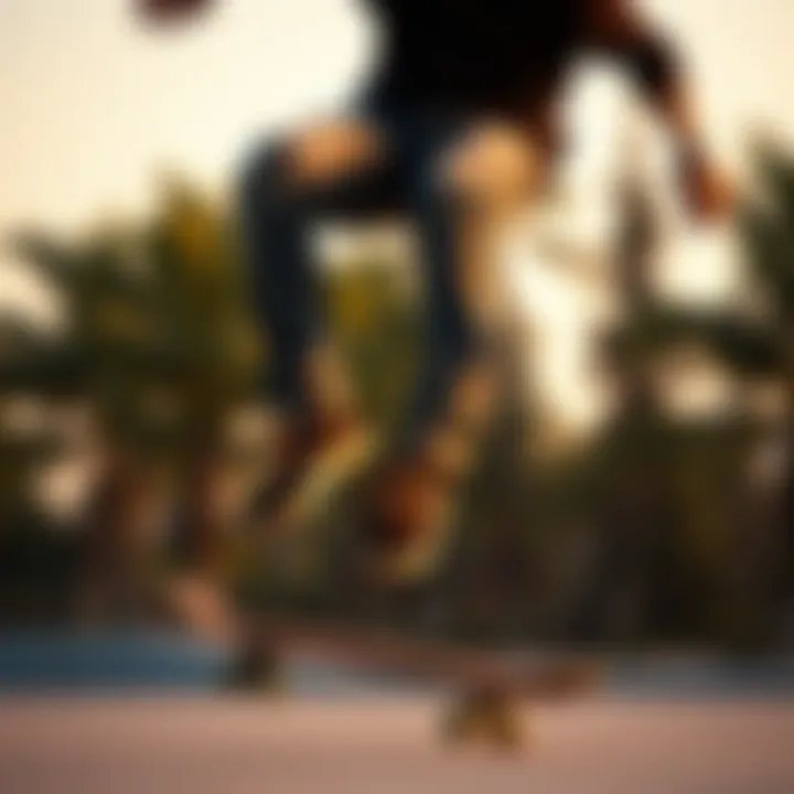 Skateboarder performing tricks while wearing skinny fit double knee Dickies.