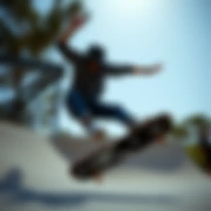 Riding with Rhythm: A Skateboarder in Action Skateboarder wearing Skull Candy Buds while performing a trick