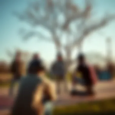 Community Vibes: Skatepark Scene with Skull Candy Buds Group of skateboarders enjoying music with Skull Candy Buds in a park