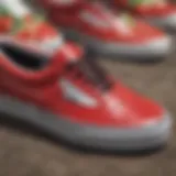 A close-up view of strawberry Vans showcasing their unique design