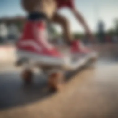 Skaters wearing strawberry Vans performing tricks at a skate park