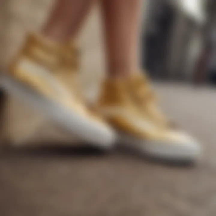 Fashionable outfit paired with gold Vans, displaying personal style.